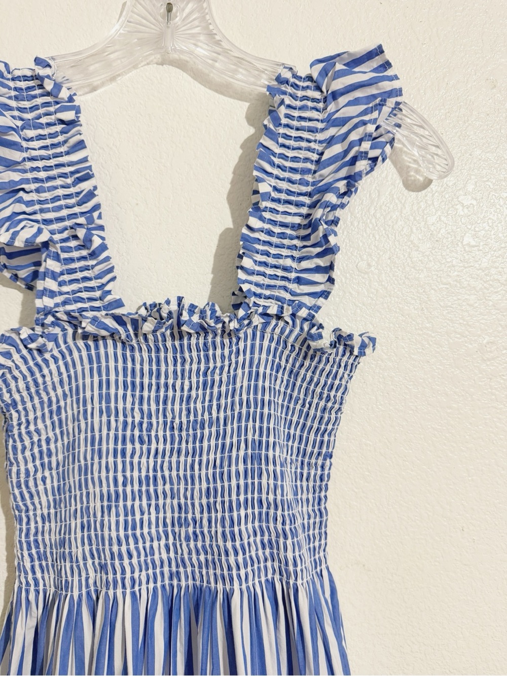 Quince 100% Organic Cotton Poplin Smocked Midi Dress in Azure Stripe Blue White - Picture 3 of 7